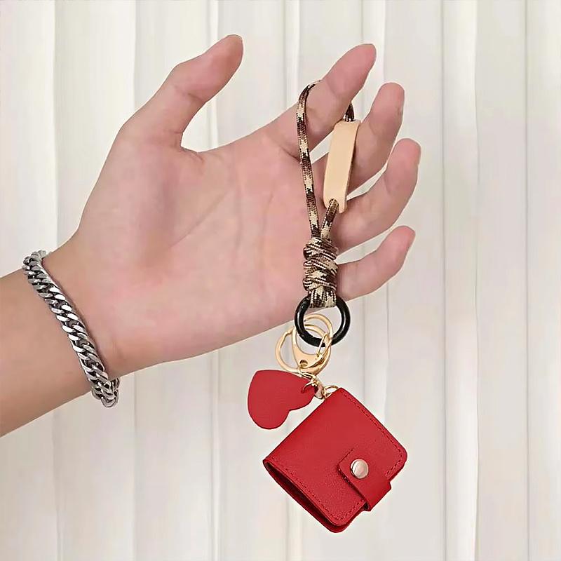 PU Leather Photo Wallet Keychain with Heart Cutouts Wrist Strap Organizer for Storing Pictures, Compact Gift for Photographers