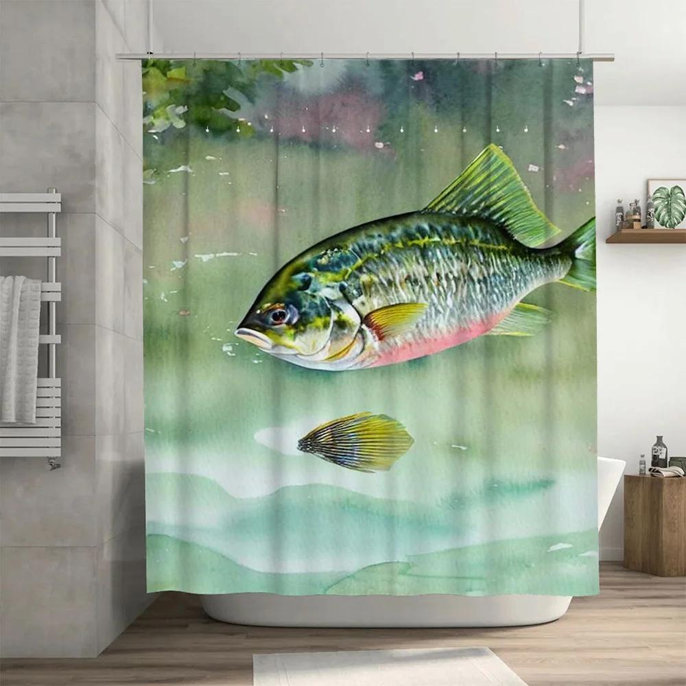 Fish-themed Waterproof Shower Curtain Set with Colorful Print for Bathroom Decor 3D Printed Fabric Door Curtains In Blue Green