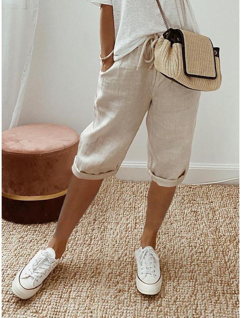 Pantaloni scurți casual din amestec de bumbac și in cu talie elastică și buzunare