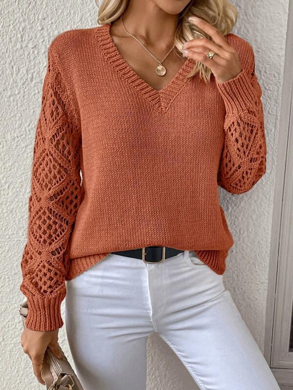 V-Neck Crochet Jacquard Sweater: Women's Loose Fit, Long Sleeve Pullover for Spring & Autumn