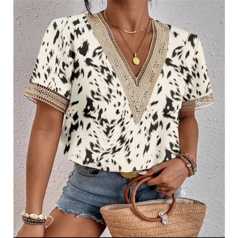 2Wish Women's Collar Lace Loose Top Commuter Short Sleeve Shirt Women's Style