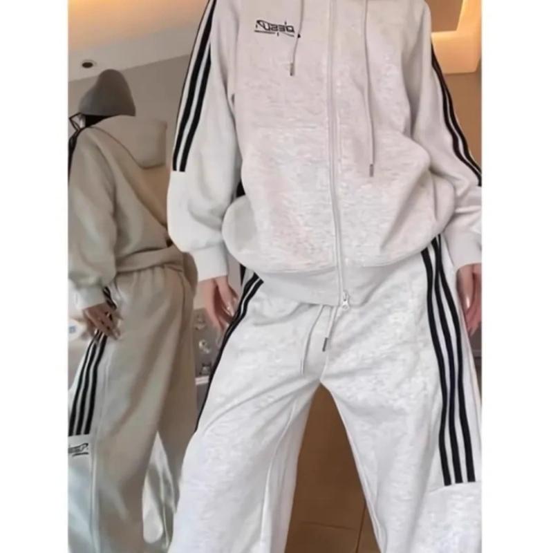 Spring and Autumn Plus Size Casual Suit Women's Loose Sweater Jacket + Wide-leg Pants Two-piece Trend