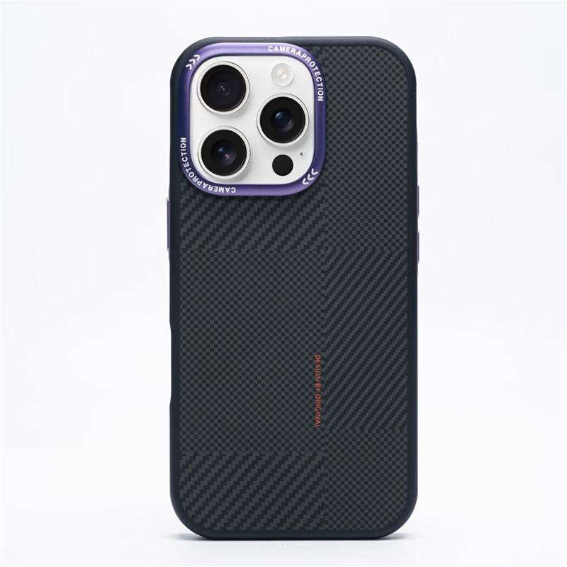 

Luxury Carbon Fiber Texture Phone Case for IPhone 17 16 15 14 Pro Max Magnetic Wireless Charge Alloy Camera Lens Protect Cover iPhone 14 Pro фіолетовий