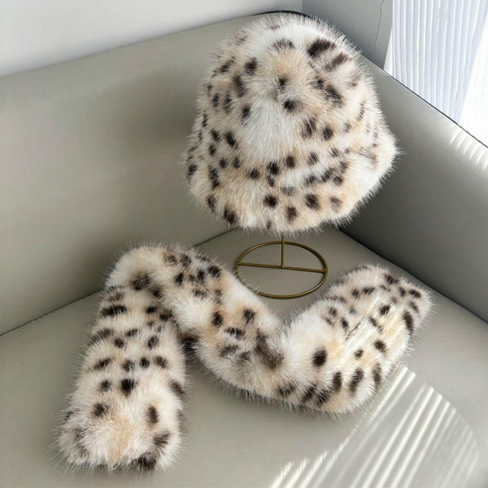 Leopard Print Faux Fur Bucket Hat Imitation Fur Fisherman Hat Cute Winter Hat Outdoor Wear
