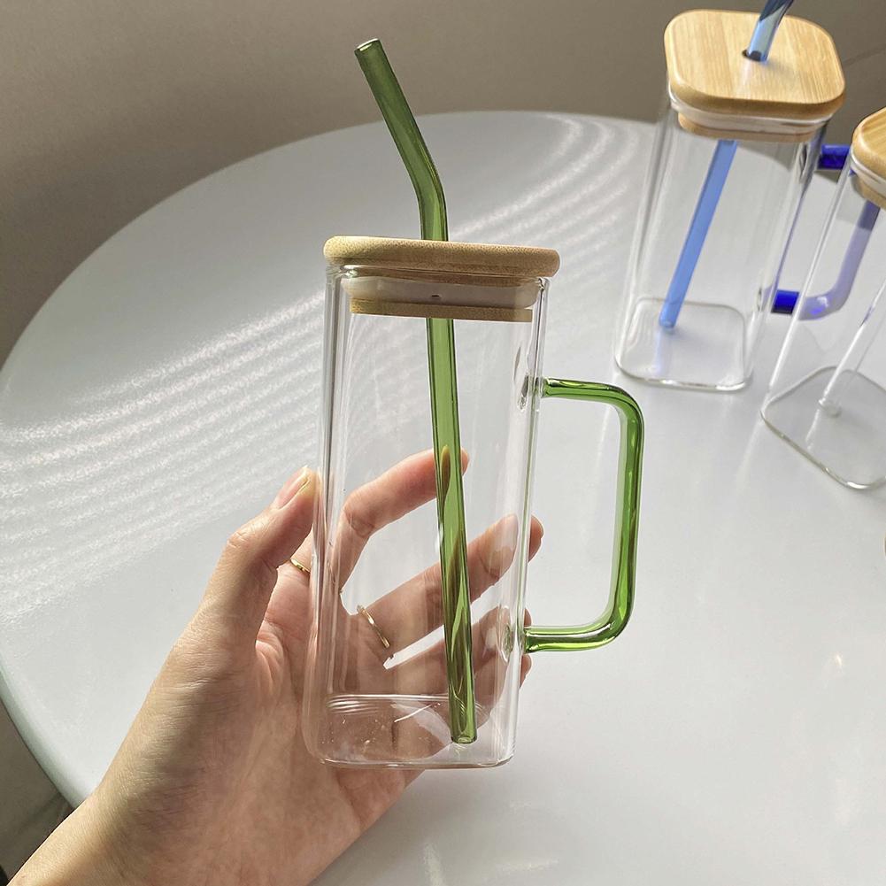Square Borosilicate Glass Cup with Handle Bamboo Lid and Straw Clear Drinking Glass for Home Office Gift Glass Water Cup