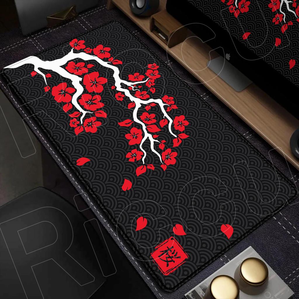 Rosa und Schwarz Neue Kirschblüte Schlossrand Natürliches Gummi Mauspade Großes Gamer Schreibtischpad Sakura Kunst Design Tastaturmatte Waschbar