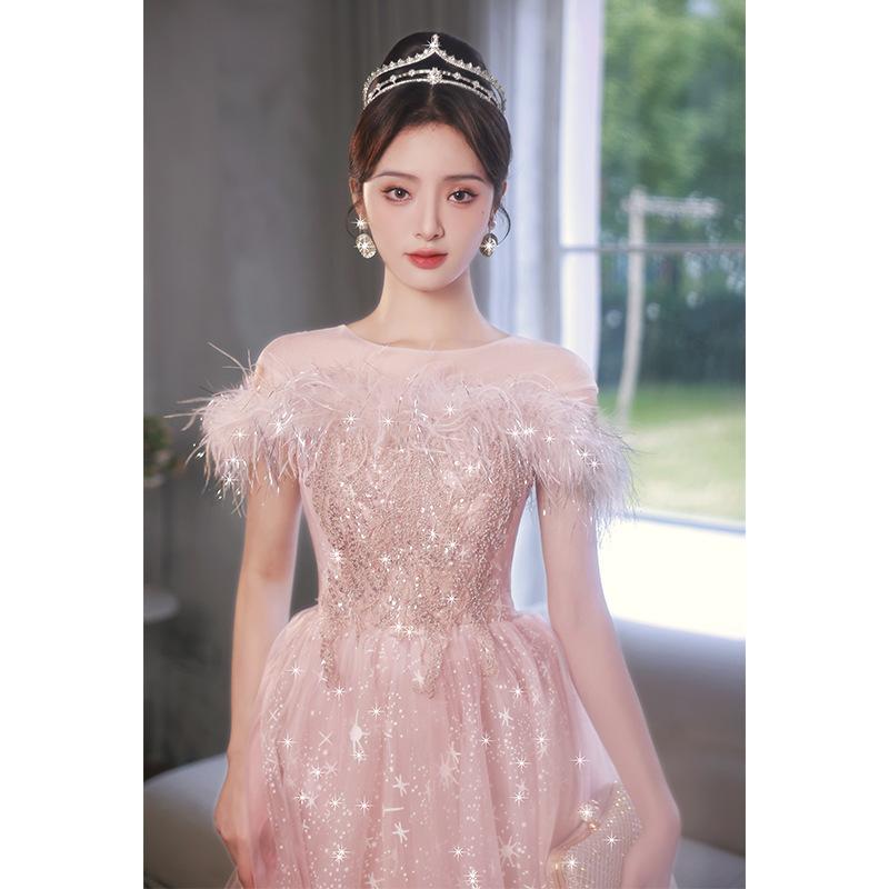 Evening dress female temperament celebrity light luxury niche style pink wedding dress art test host 18-year-old starry sky princess dress