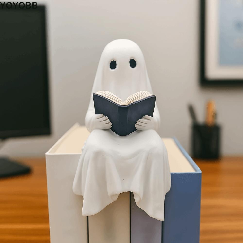 Cute Ghost Reading Statue Sitting Resin Spooky Ghost Figurine Hand Painted Reading Book Halloween Ghost Figurine Home Decor