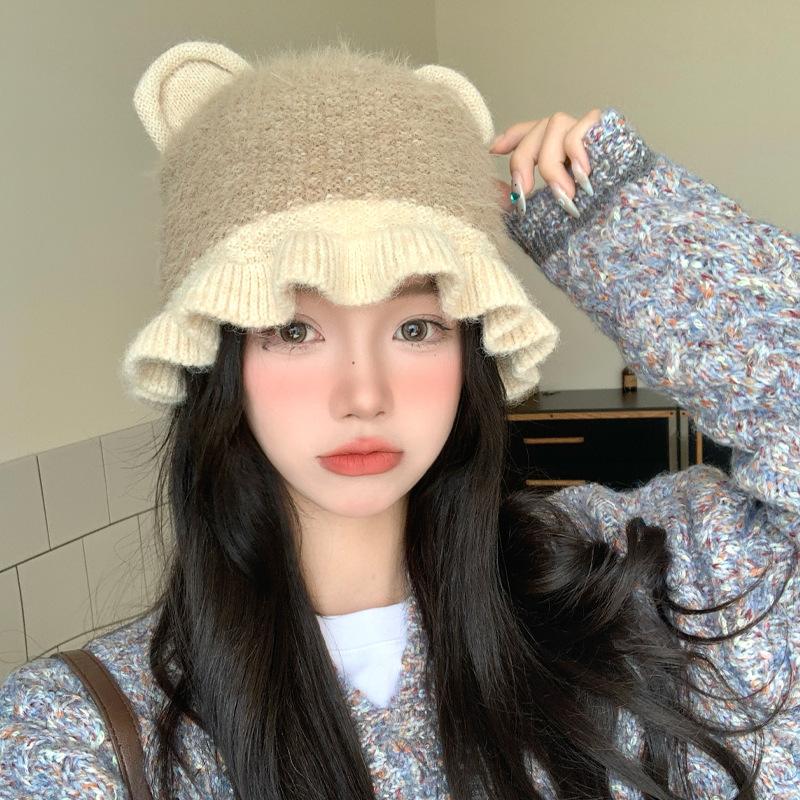 Cute Bear Ear Lace Wool Knitted Hat In FallSeason and ColdSeason Sweet and Versatile Warm Hat Outside Cold proof Hat