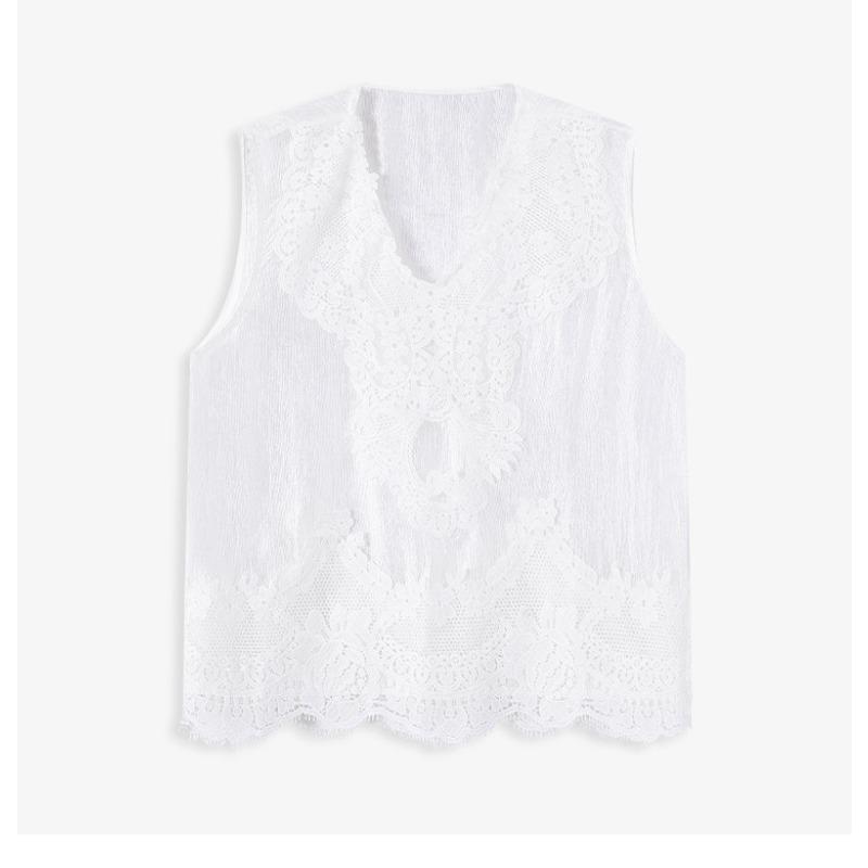 DIMANAF 2026 Neues Weste-T-Shirt Damen Spitze Rundhalsausschnitt Ausgeschnitten Sommerstil Basic Tops T-Shirts Lockere Weste