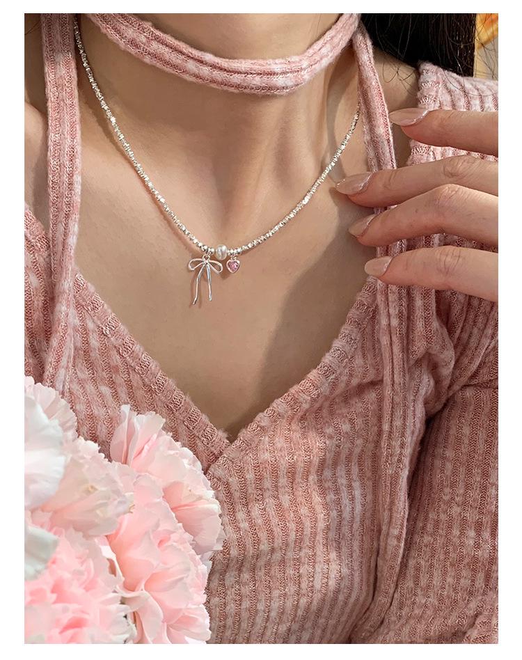 S925 Sterling Silver Pink Heart Bow Pearl Bracelet for Women