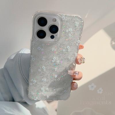 Zarte Blaue Blume für Apple 16 Promax Handyhülle 17 Glitzer für iPhone 15 Durchsichtig