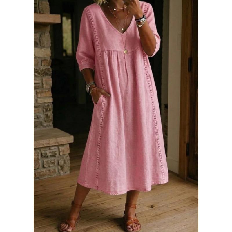 Women's V Neck Three Quarter Sleeve Loose Fit Lace Spliced Linen Blend Midi Dress Solid Color Casual Vacation Daily Wear Long Sundress