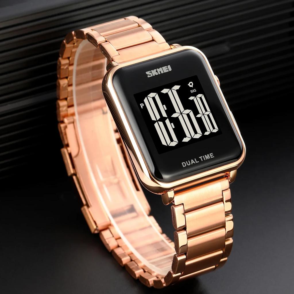 Skmei Mens Waterproof Chronograph Wristwatch Stainless Steel Strap Electronic Clock Back Light Calendar Digital Watch 1852