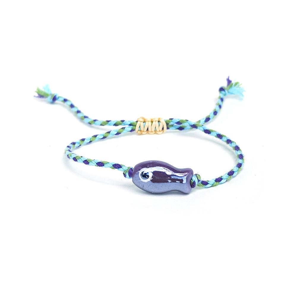 Vlen Adjustable Summer Beach Bracelet Ceramic Fish Charm Boho Style Colorful Rope Braided Handmade Jewelry Gift for Women