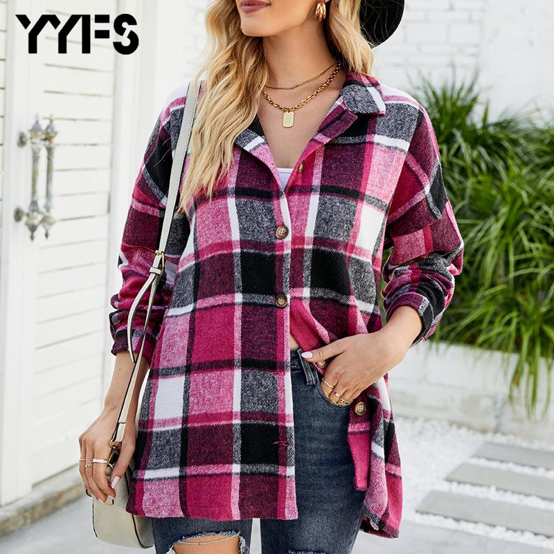 

6 цветов, европейская и американская женская осенне-зимняя клетчатая рубашка с длинными рукавами, шерстяное пальто средней длины