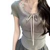 2025 Summer Chic Halter Neck Faux Two-Piece Short-Sleeve T-Shirt for Petite Women