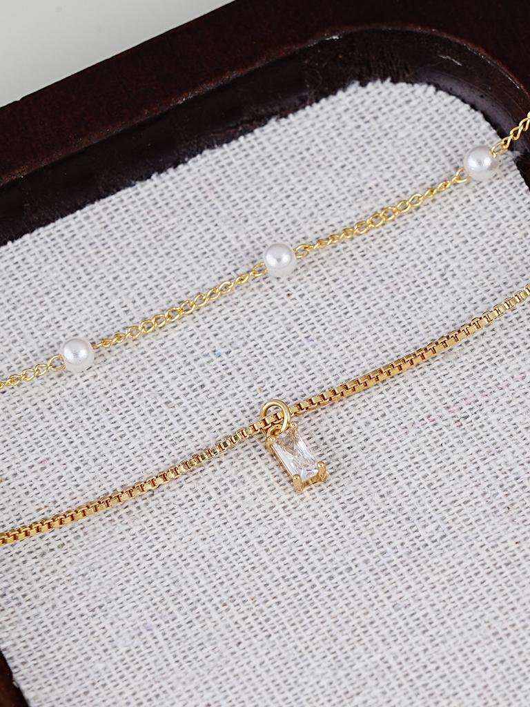 1pc Minimalist Faux Pearl Square Pendant Necklace With Double-Layer Chain, Suitable For Women's Daily, Date, Music Festival