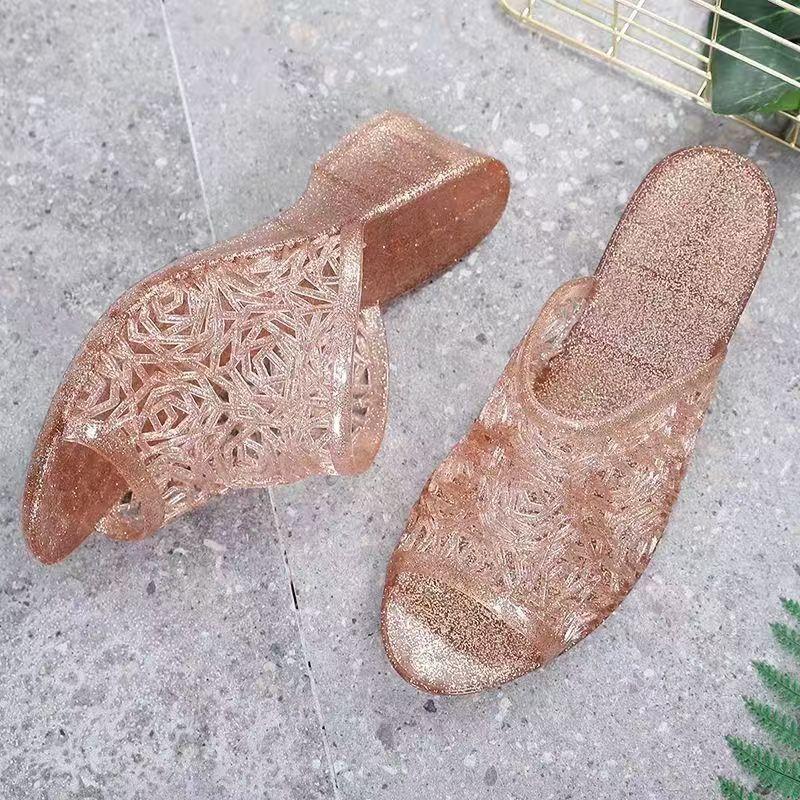 Women's Summer Transparent Crystal Wedges Slippers Soft Sole Non slip Hollow Out Waterproof Peep Toe Slippers Outdoor Slippers
