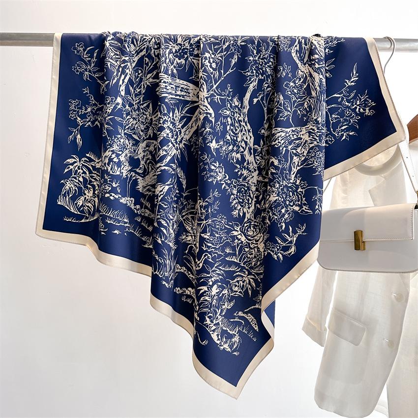 Women's Retro Twill Silk Scarf - 90cm Versatile Shawl for Travel & Sun Protection