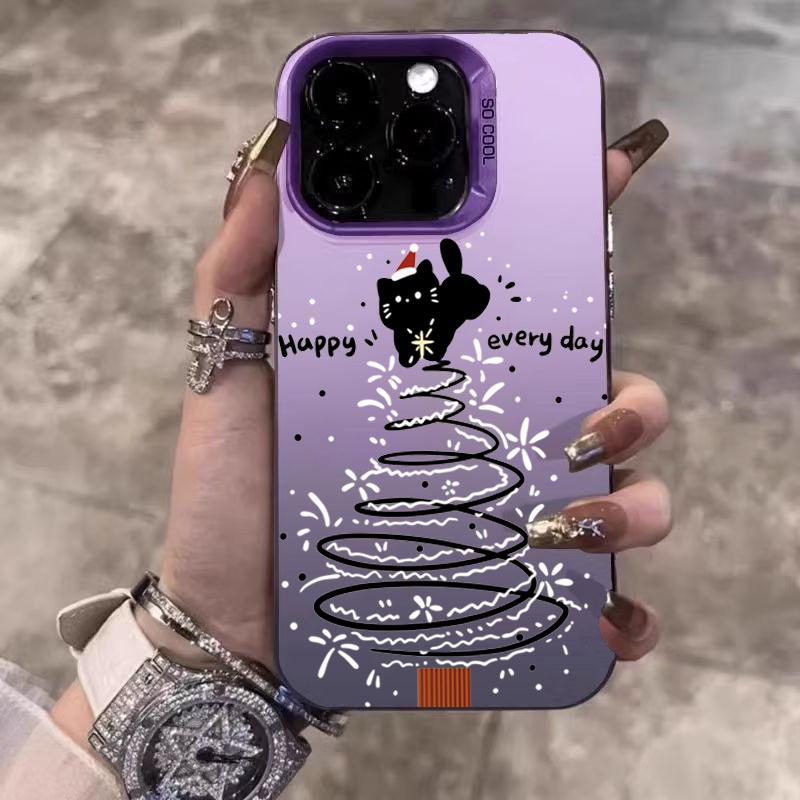 

Christmas Black Cat Electroplate Phone Case For iPhone 17 16 Pro Max 15 Plus 14 13 12 11 17Air 16E XS X XR Shockproof Hard Cover iPhone XR