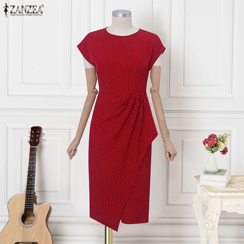 ZANZEA Women Casual Round Neck Short Sleeve Polka Dot Print Sheath Dress
