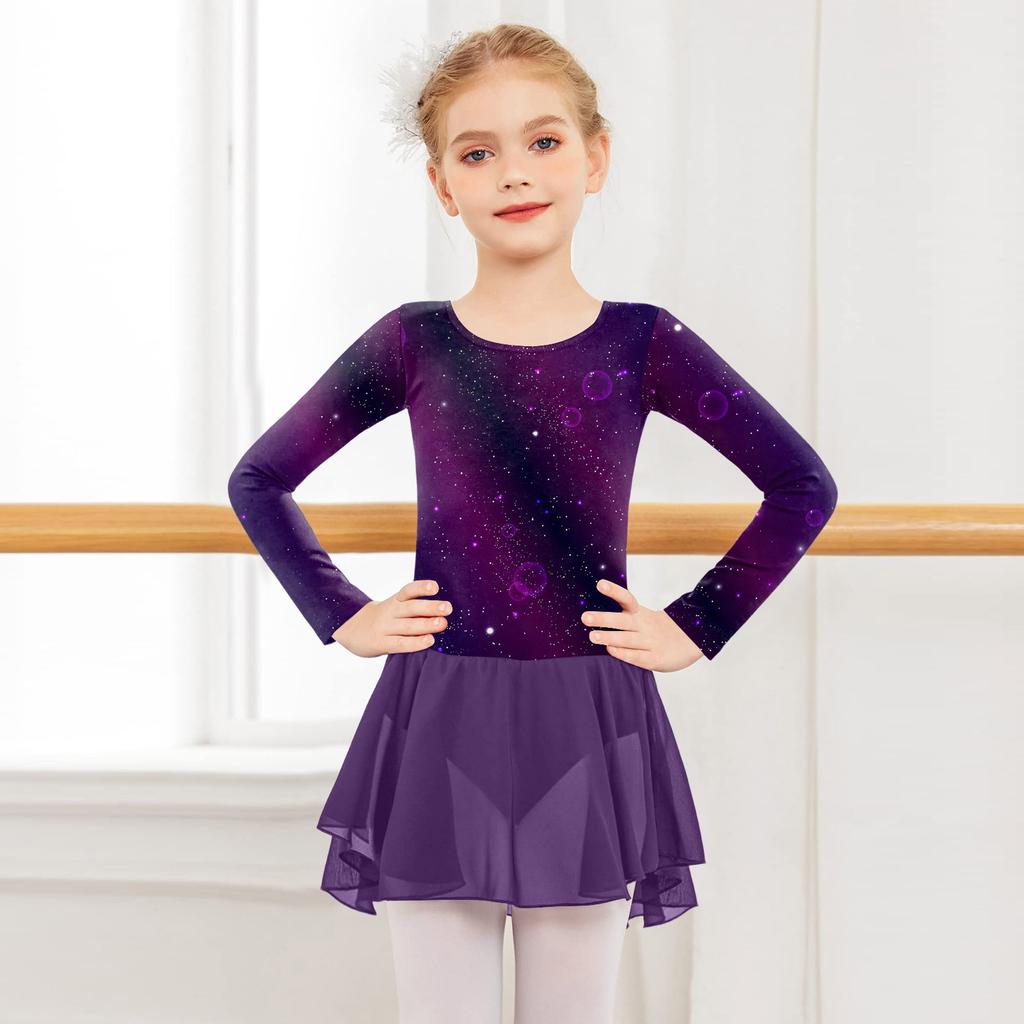 Girls' Color-blocked Romper Long-sleeved Tulle Dress Dance Costume