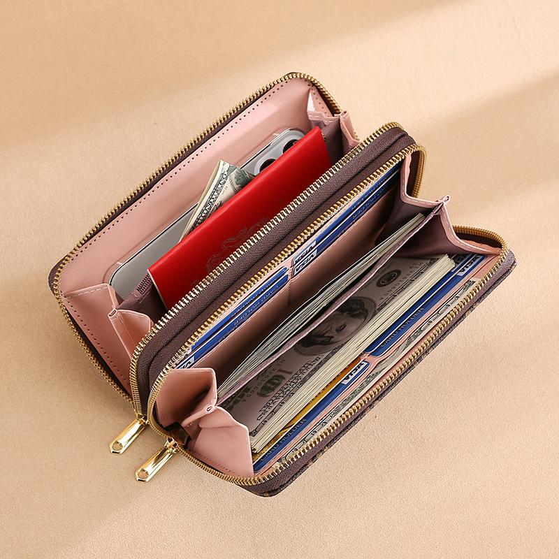 Women’s Double Zipper Long Wallet Woven PU Leather Clutch Purse Large Capacity Wristlet Wallet Card Holder Phone Wallet with Strap