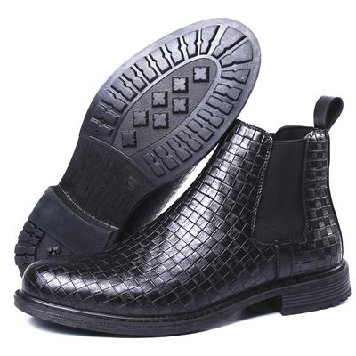 New Men's Woven Pattern Handmade Elastic Sleeve High Top Leather Boots for Casual Business and Chelsea Leather Boots