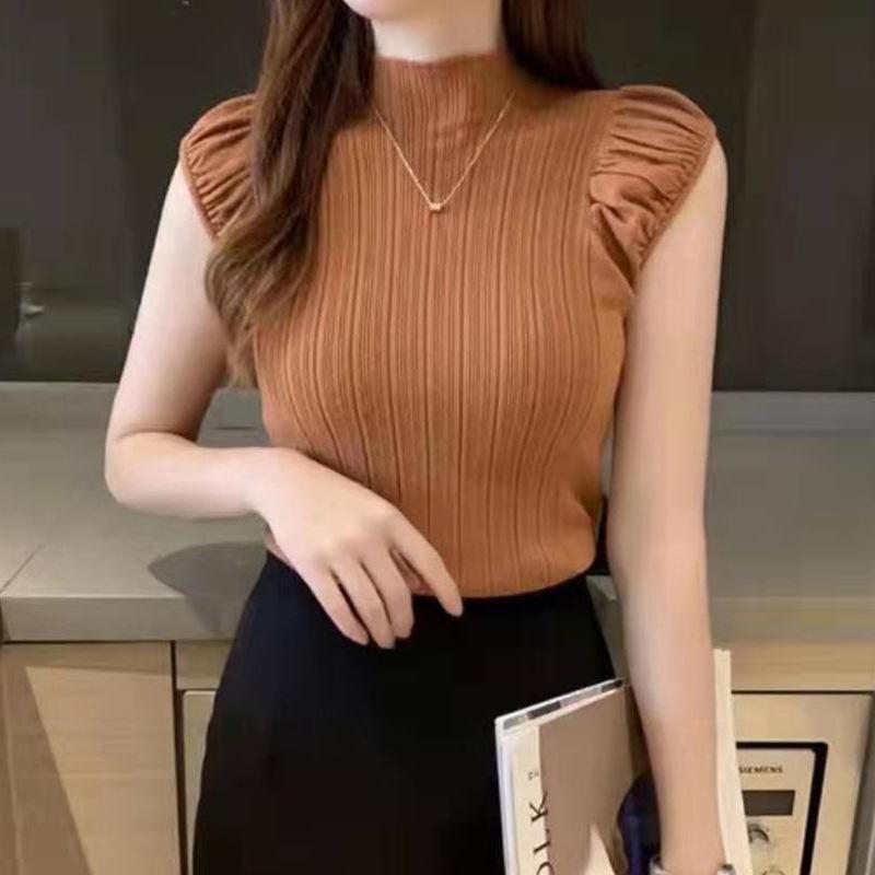 Summer New Simple Solid Color Semi-turtleneck Pleated Pullover Sweater Women Wear Sleeveless Vest Top