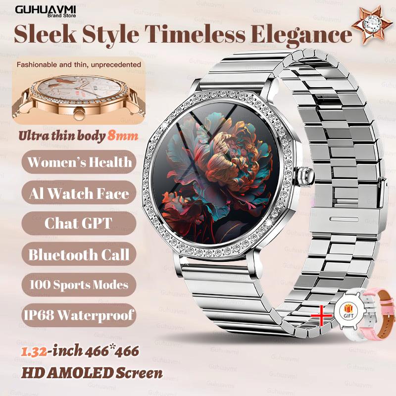 New Luxury Diamond Smart Watch For Women 8mm Ultra Thin Body Bluetooth Call Heart Rate IP68 Waterproof Smartwatch Rose Gold