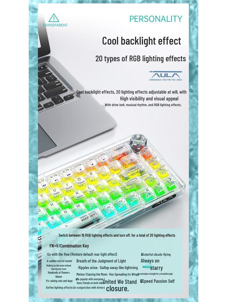 AULA F68 Mechanical Keyboard: Transparent RGB, Bluetooth Wireless, Three-Mode, Custom Hot-Swappable.