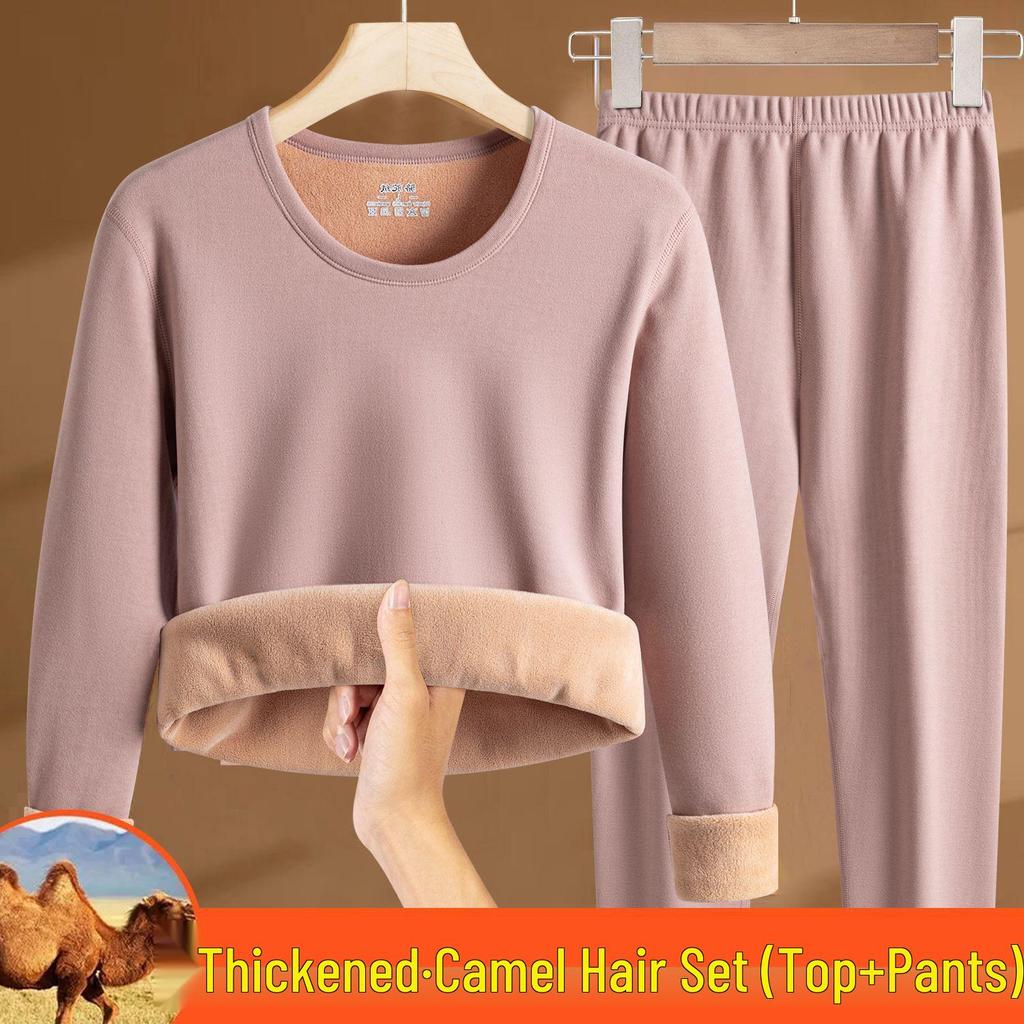 Women's Camel Hair Thermal Underwear Set: Thickened Autumn/Winter, Round or Half High Neck, Super Thick and Warm.