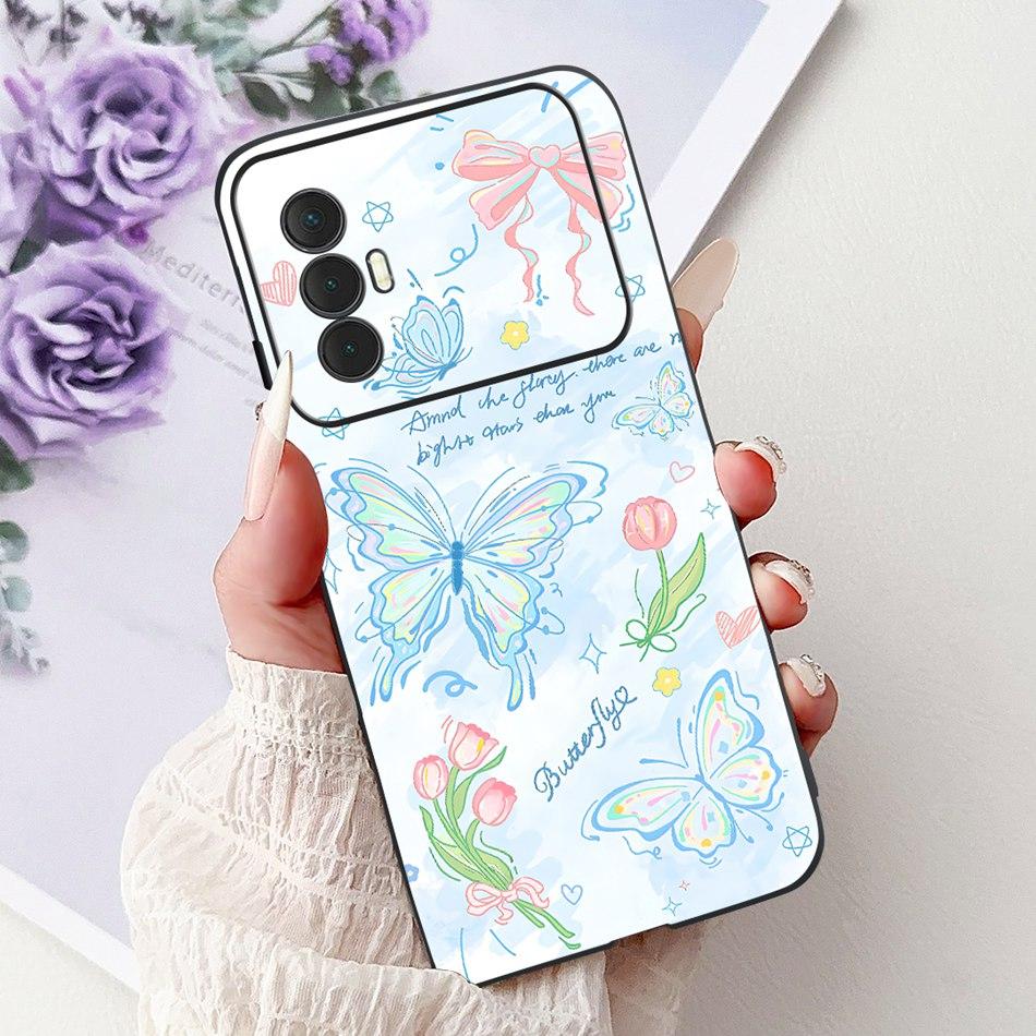 For Tecno Spark 8 Pro 8T 8P Elegant Floral Cat Phone Case For Tecno Spark8 8T 8P 8Pro Black Silicone Soft TPU Cases Bumpers