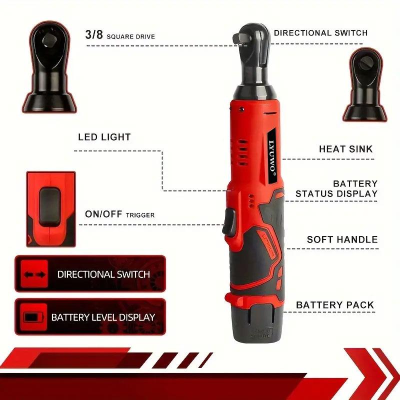 12V Cordless Right Angle Electric Wrench 45NM 3/8 Inch Ratchet Wrench Disassembly Nut Car Maintenance Tool With 4 Sockets