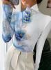 Elegant floral print cheongsam collar T-shirt, suitable for women - long sleeves - suitable for autumn and winter