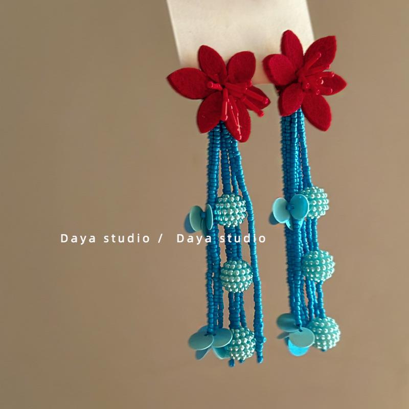 

Silver needle vacation style flower rice bead fringed earrings retro high-end earrings fashion atmosphere personalized earrings women
