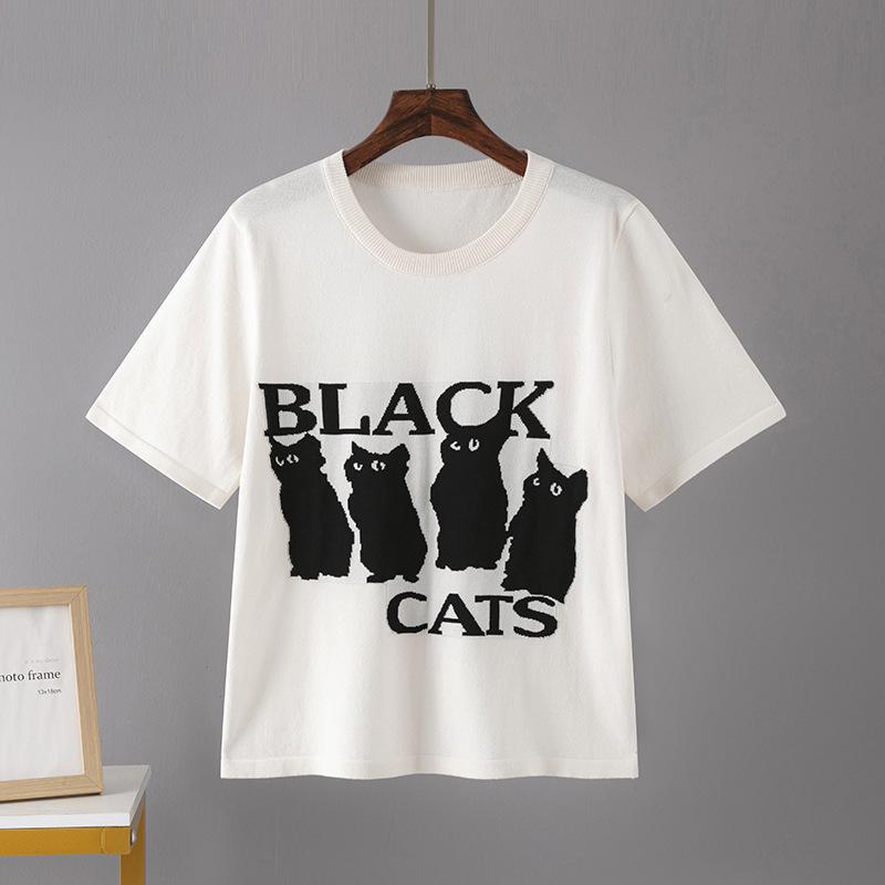 

Летняя женская футболка больших размеров с круглым вырезом, жаккардовые свободные топы с короткими рукавами и котом 3XL абрикосовый