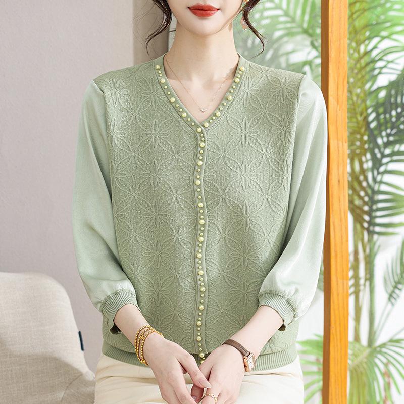 

Chic Women s Chiffon Knitwear Top with Gauze Sleeves for Spring/Summer - Perfect for Middle-Aged Fashion 3XL (suggested for 135-155 Jin) зелёный