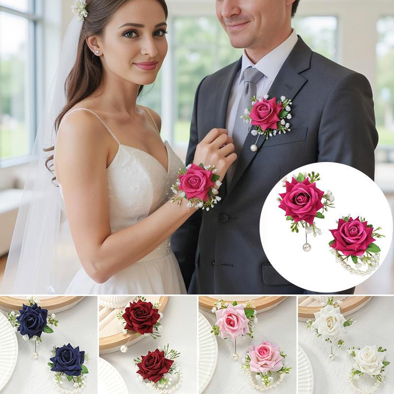 2PCS/Set Corsage Bridesmaid Accessories Party Jewelry Bridal Artificial Rose Gorgeous Wrist Corsage Elegant Multi-Color