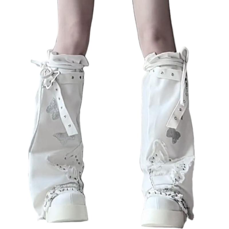 Women Punk Butterfly Appliques Denims Flared Boot Cover with Buckled Bandages Chain Harajuku 90s Leg Warmer Long Sock 1