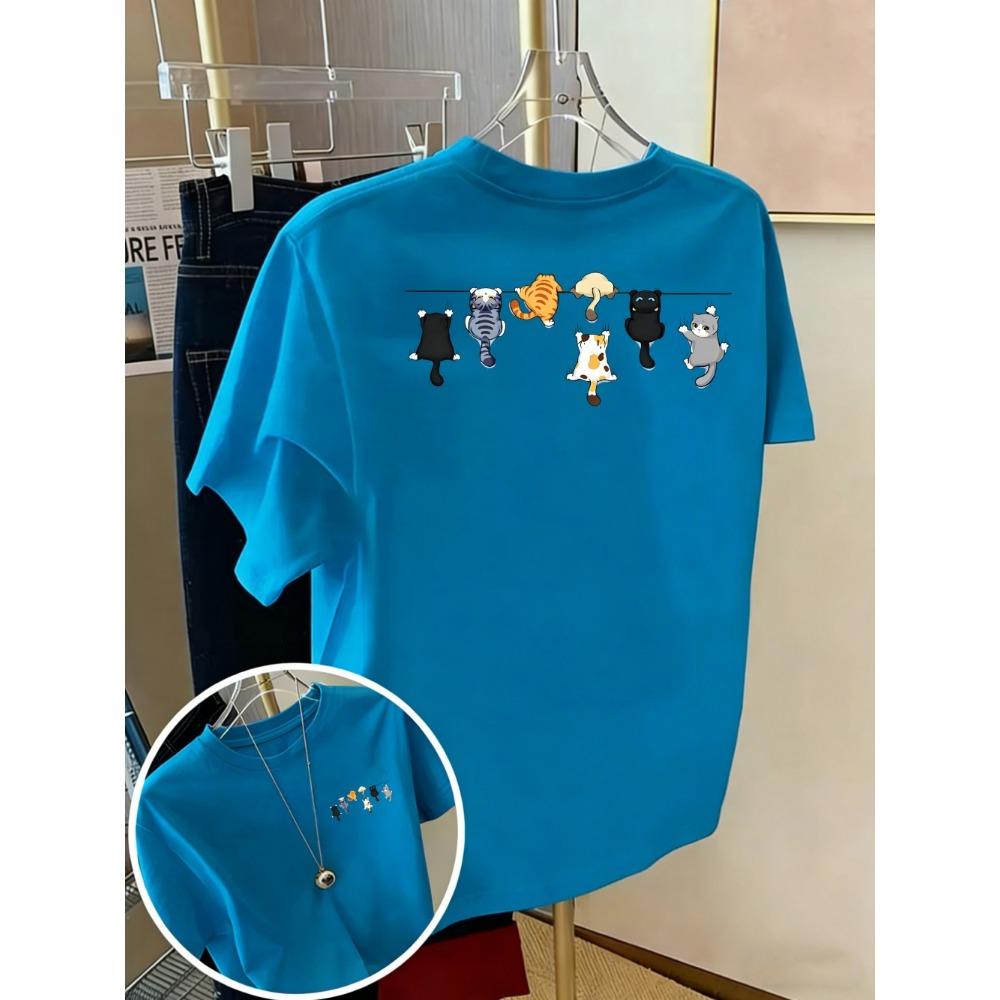 Cartoons Cats Prints T-Shirts Summer Womens Cotton T Shirts Basic O-Neck Oversized Short Sleeve Tops Casual Street Woman Clothes