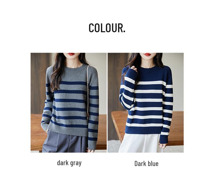 Autumn/Winter 2025 Women's Round Neck Striped Sweater - 100% Thickened Cotton Yarn Knit