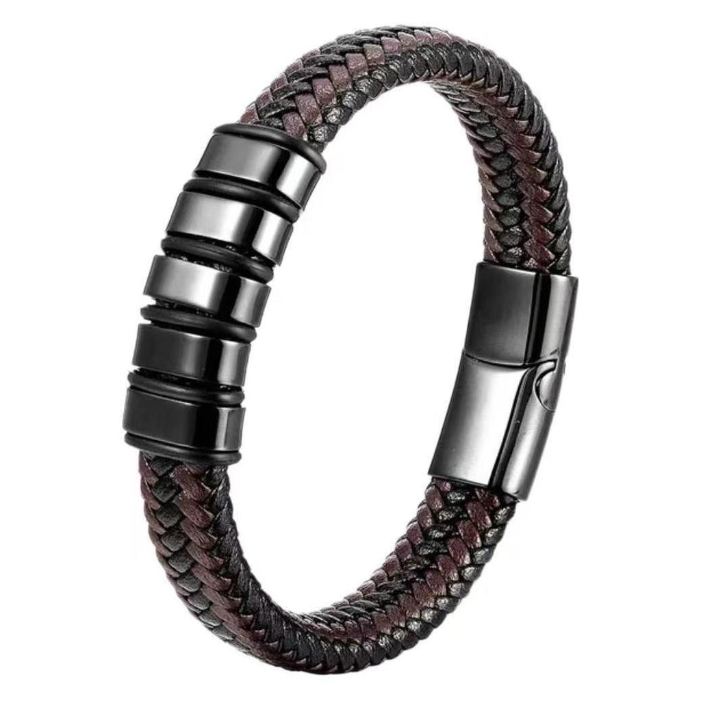 Anti-static Men's Stainless Steel Leather Magnetic Bracelet - European Retro Style
