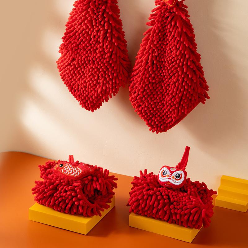 3Pcs Cartoon Red Chenille Hand Towel Hanging Soft Towels for Kitchen Bathroom Quick Dry Handkerchief Home Cleaning Towel