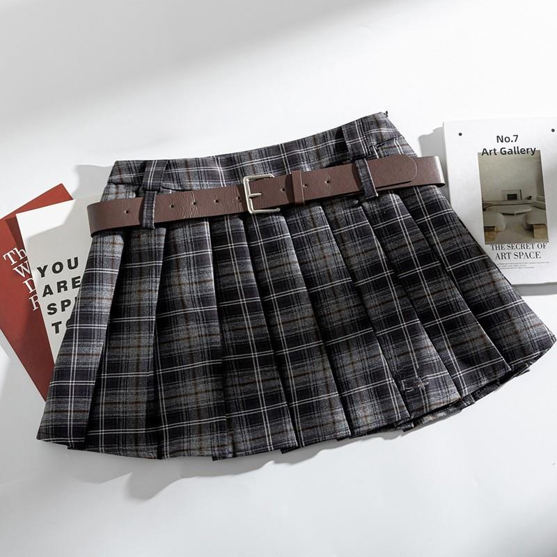Retro Plaid Pleated Skirt for Women's Autumn High Waist and Thin Polished A-word Skirt, Anti-light Spice Girl Miniskirt