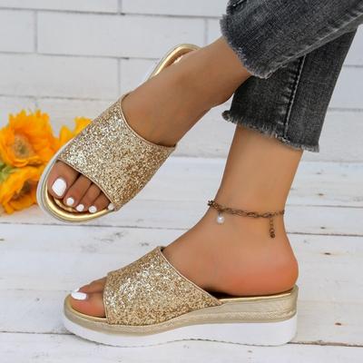 Mode 2024 Nieuwe Dames Slippers Zomer Lichtgewicht Leren Schoenen Dames Platform Open Teen Kristallen Slippers Dames Goud Zilver Mujer