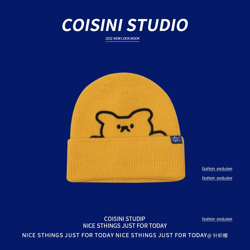 New cute bear embroidered wool hat women's autumn and winter warm ear protection cloth label knitted hat men's versatile women