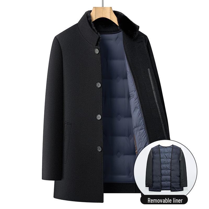 Men's Mid-Length Wool Coat with Removable White Goose Down Liner - Thickened Warm Windbreaker for Autumn/Winter Season