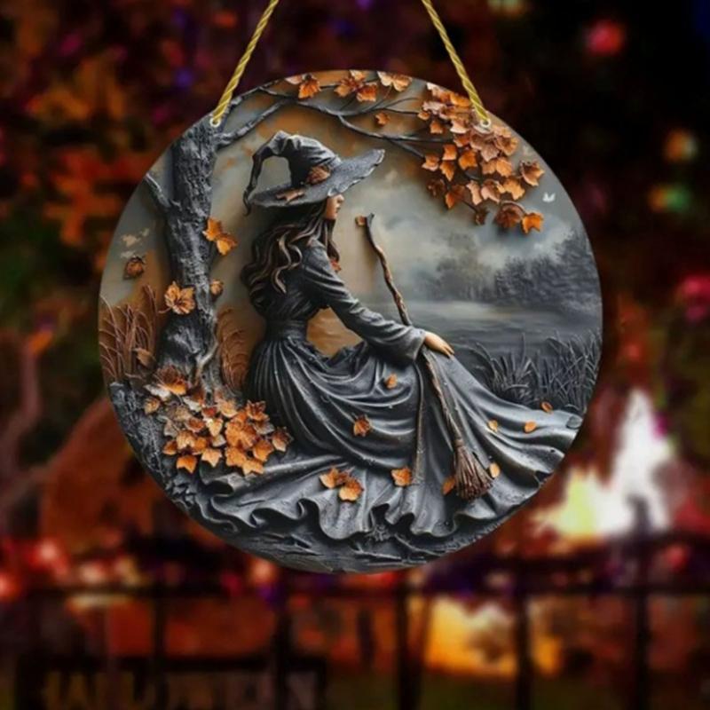 Elegant Wooden Halloween Porch Sign Wood Witch Pattern Seasonal Door Decoration Plaque For Outdoor Indoor Holiday Party